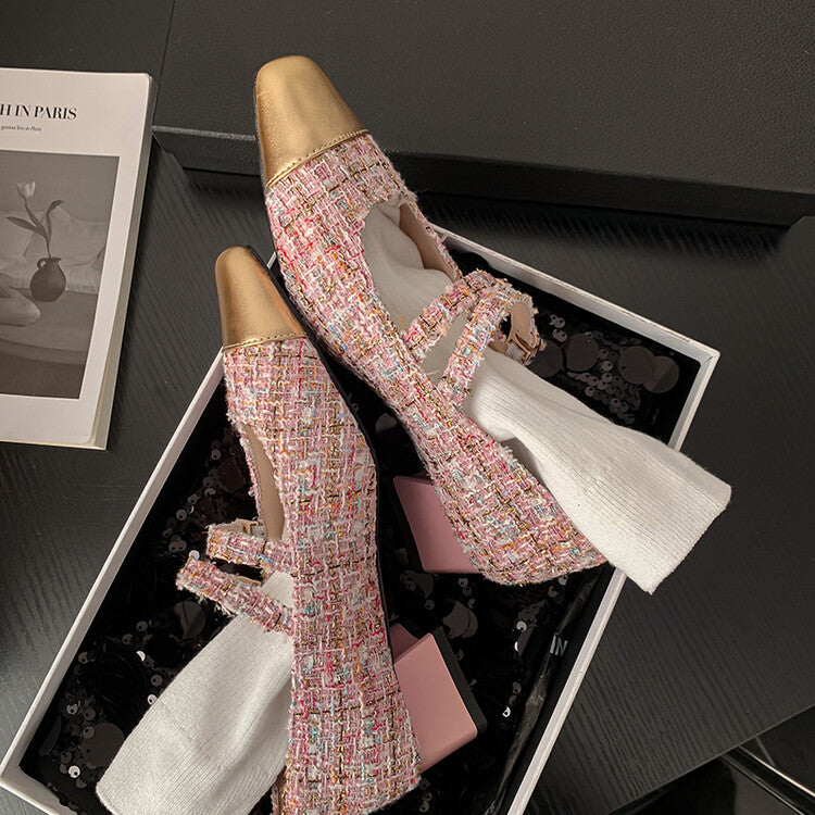 Karin Luna Classic Chanel Style~ Tweed Spring Limit Square Toe Chunky Heel Mary Jane Strap Single Shoes
