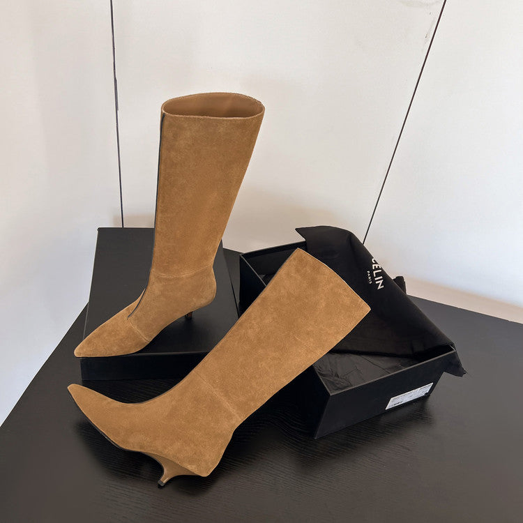 Karin Luna In Stock Spot Goods Retro Cowhide Pointed Toe Stiletto Elegant Long Boots