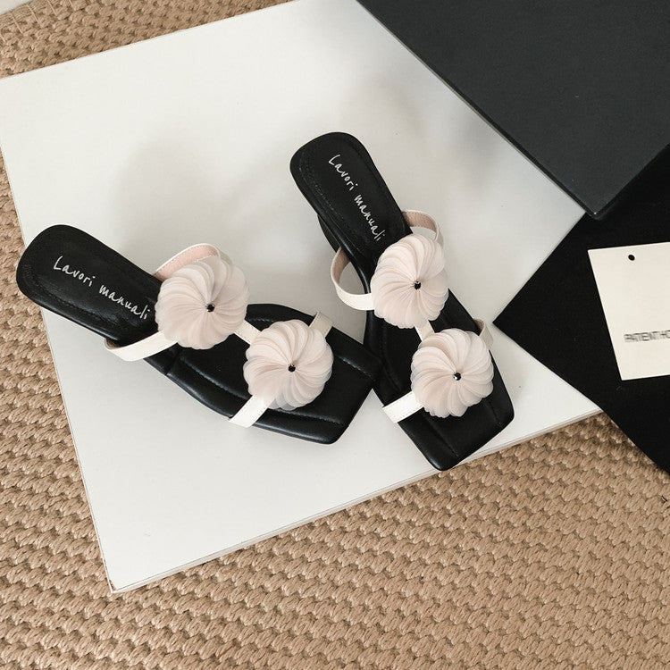 Karin Luna Hot-Selling Floral Square Toe Irregular Heel Floral Slippers