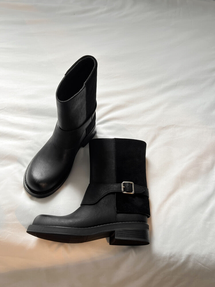 Karin Luna Belt Buckle Chunky Heel Fashion Short Boots