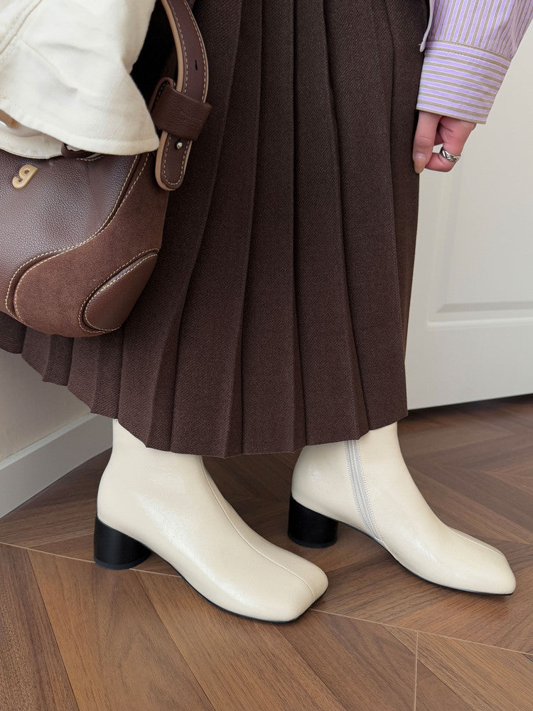 Karin Luna French Style Square Toe Chunky Heel Ankle Boots