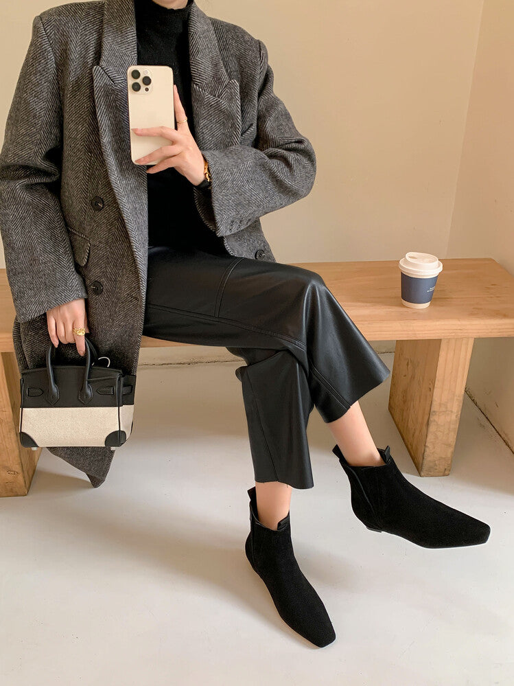 Karin Luna Classic Style Internal Height Increase Cowhide Leather Small Square Toe Short Fashion Boots