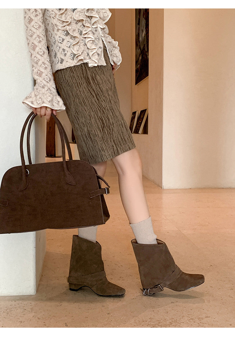 Karin Luna Data Hot Item Square Toe Hidden Wedge Belt Buckle Suede Ankle Boots