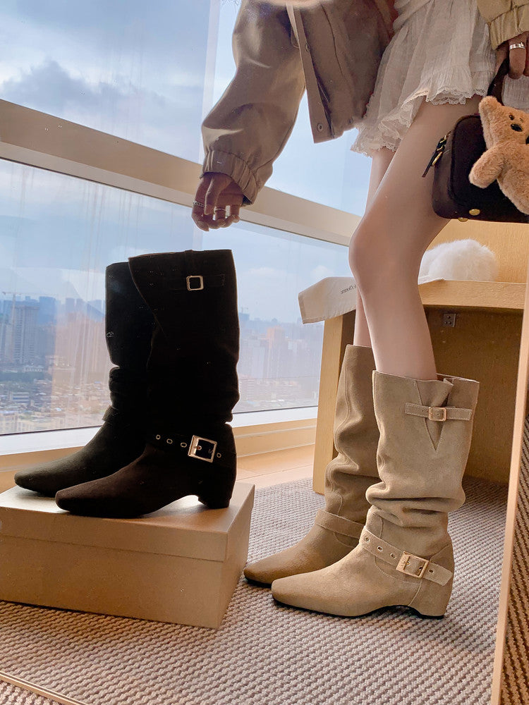 Karin Luna Data Model Belt Buckle Matte Square Toe Hidden Wedge Slouch Western Boots
