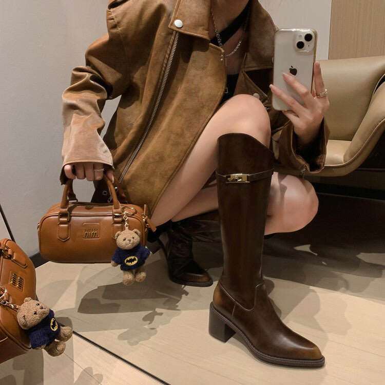 Karin Luna Hot-Selling Fasteners Sold as soon as listed Comes with data plan included Pointed Toe Chunky Heel Classic Full Cowhide Leather Riding Boots