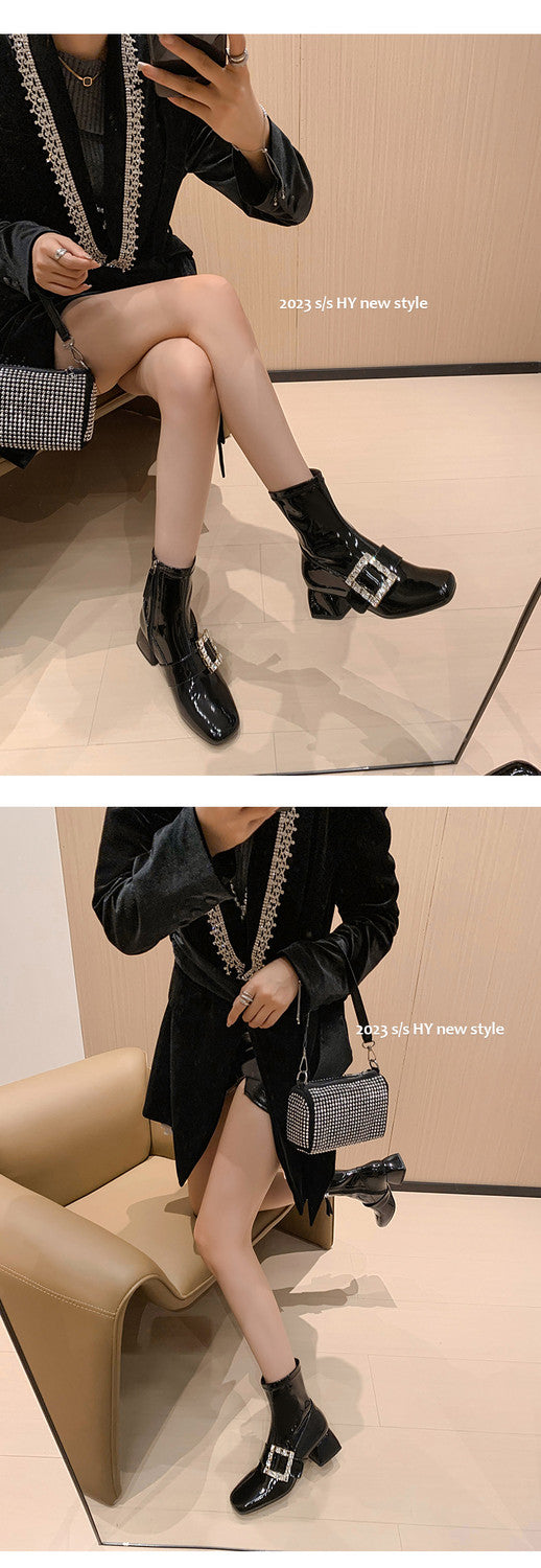 Karin Luna Elegant Style Ultra Slimming Rhinestone Chunky Heel British Style Riding Boots Long Boots
