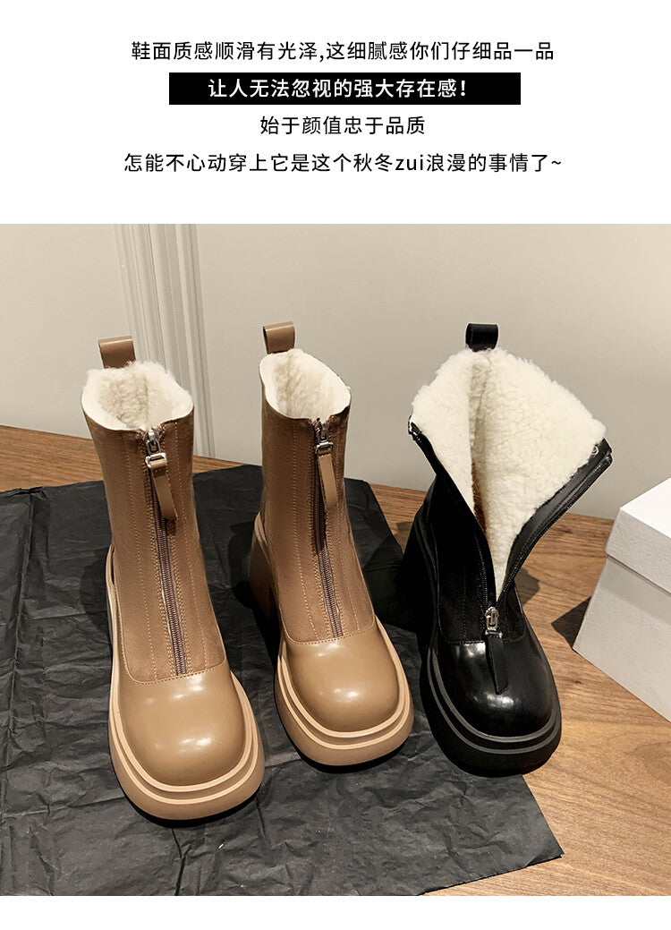 Karin Luna Basic Bestseller Timeless Thick Fur Lined Round Toe Thick Sole Cowhide Snow Boots