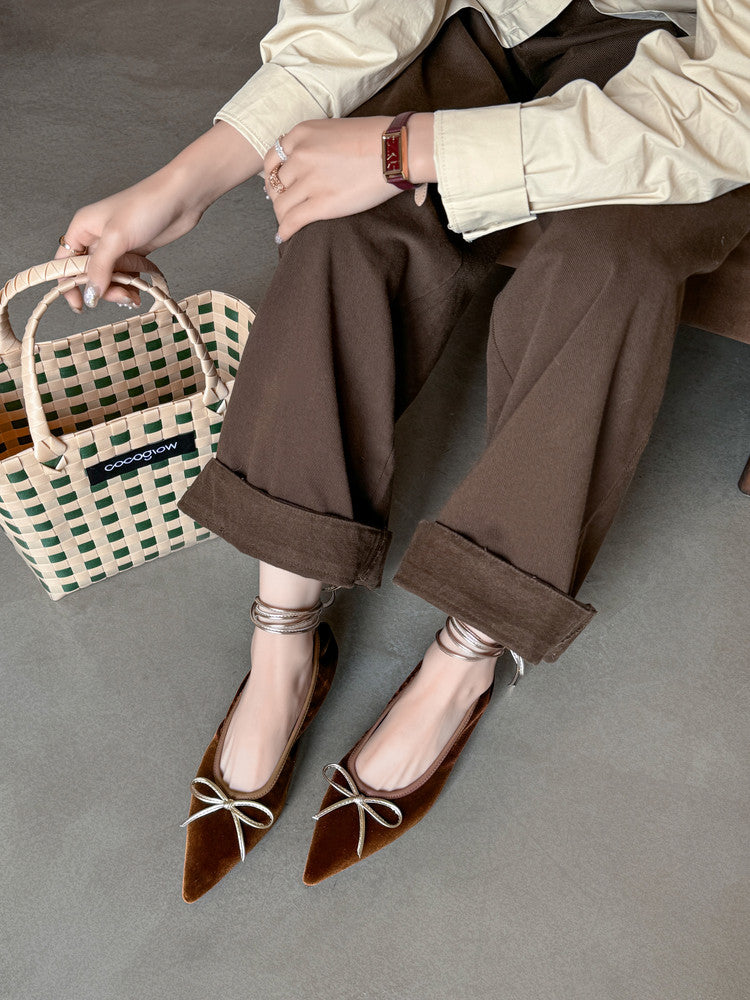 Karin Luna In Stock In Stock Retro Velvet Pointed Toe Bowknot Single Shoes