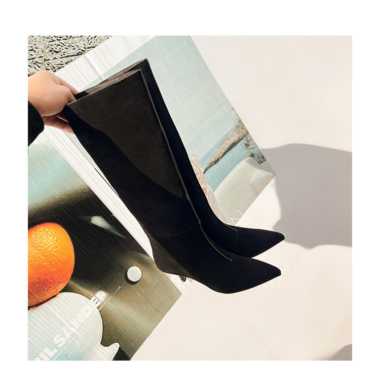 Karin Luna In Stock Spot Goods Retro Cowhide Pointed Toe Stiletto Elegant Long Boots