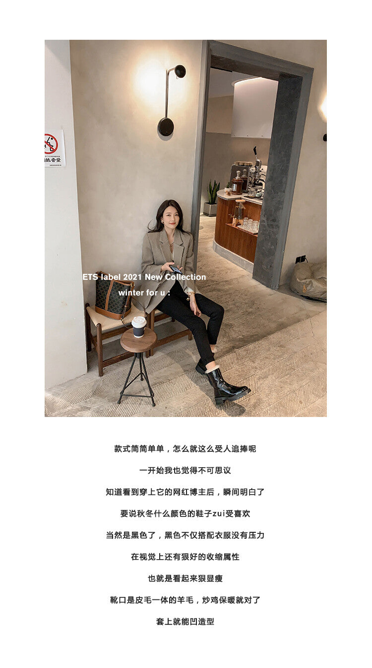 Karin Luna In Stock  Best-selling in stock Thickened Fleece Cow Patent Leather Hot-Selling Flat Short Boots
