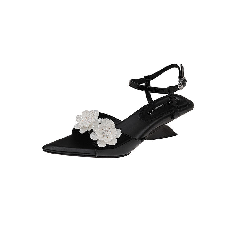 Karin Luna In Stock Spot Goods  Classic Camellia Pointed Toe Elegant Irregular Heel Sandals