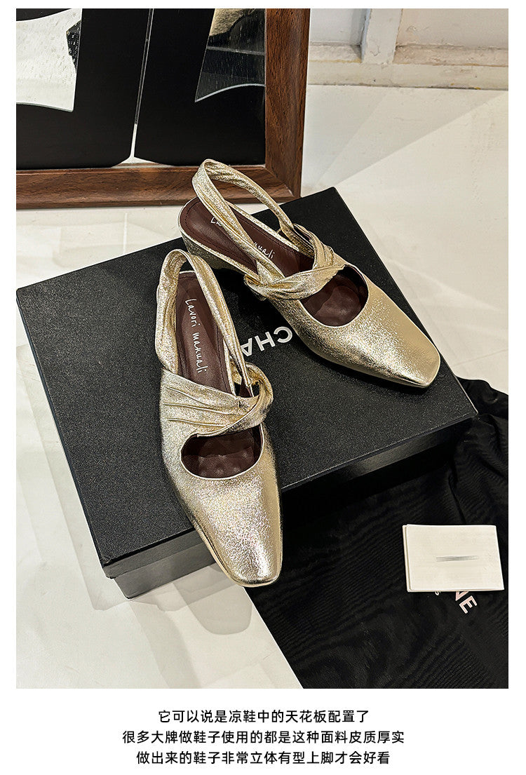 Karin Luna In Stock  Spot Goods Small Square Toe Wrinkled Chunky Heel Closed-Toe Sandals