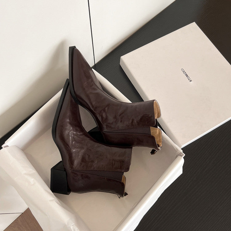 Karin Luna In Stock Spot Goods Elegant Stretch Fabric Patchwork Pointed Toe Chunky Heel Short Boots
