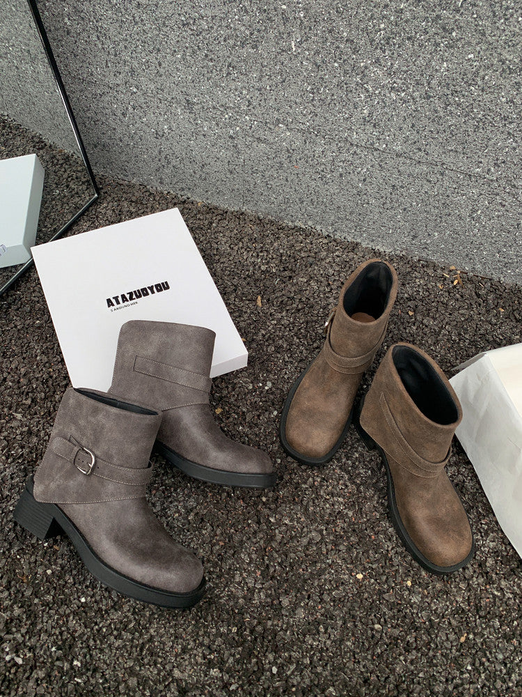 Karin Luna In Stock Spot Goods Versatile Basic Round Toe Belt Buckle Thick Sole Tube Boots
