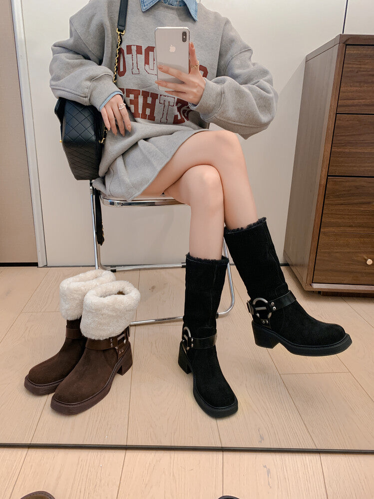 Karin Luna Genuine Lamb Wool and Cowhide Leather Hot-selling Metal Buckle Round Toe Chunky Heel Main Push Main Push
