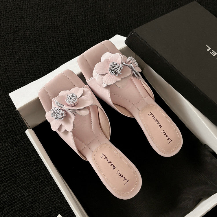Karin Luna In Stock Spot Goods Camellia Classic style retro square toe shaped heel slippers