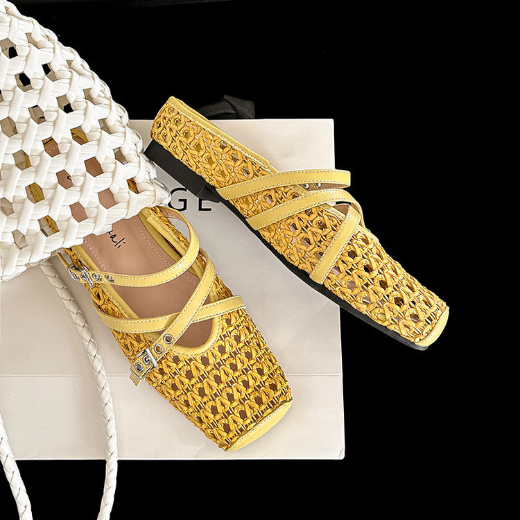 Karin Luna In Stock Spot Goods  Hot-Selling Square-Toe Woven Pig Nose Closed-Toe Slippers