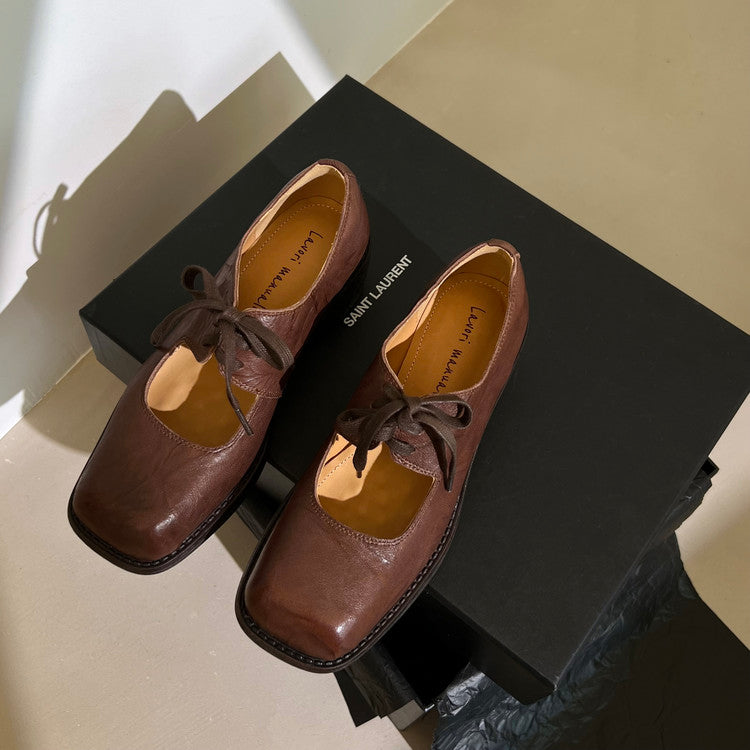 Karin Luna In Stock Spot Goods   Full leather inside and out Vegetable Tanned Hand-Grabbed Sheepskin Square-Toed Chunky Heel Single Shoes