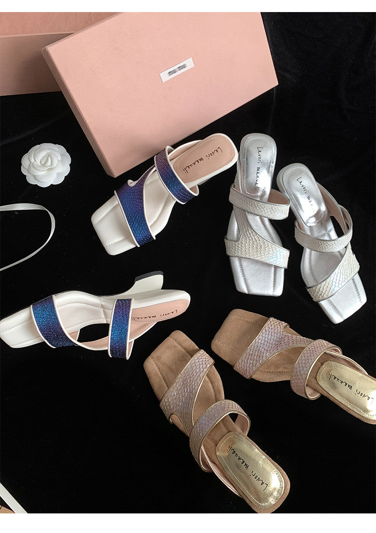 Karin Luna Fish Skin Series~Minimalist Square Toe Popular Irregular Heel Slippers