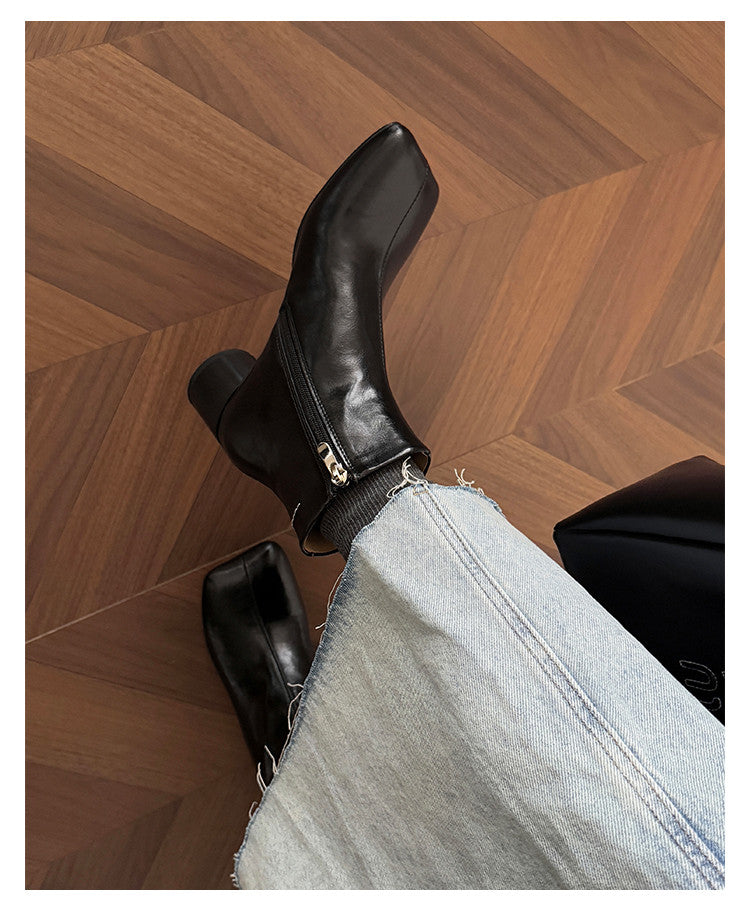 Karin Luna French Style Square Toe Chunky Heel Ankle Boots