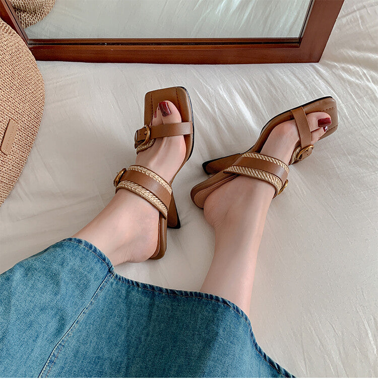 Karin Luna Hot-Selling In Stock  Retro Wedge Belt Square Toe Irregular Heel
