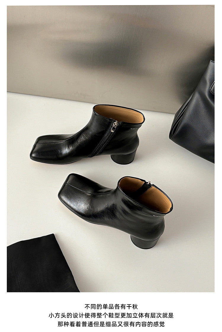 Karin Luna French Style Square Toe Chunky Heel Ankle Boots