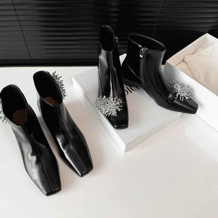 Karin Luna Elegant Style Square Toe Flower Design Height Increasing Short Boots with Two Front and Back Options