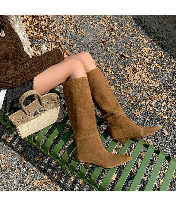 Karin Luna In Stock Spot Goods Retro Cowhide Pointed Toe Stiletto Elegant Long Boots