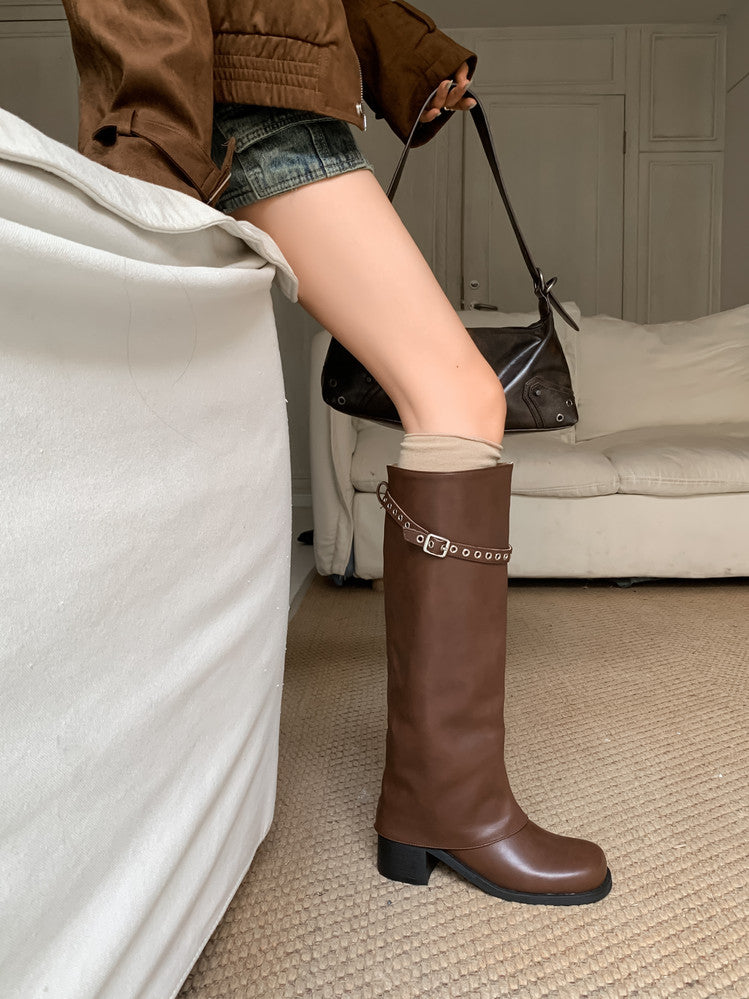 Karin Luna In Stock Spot Goods Belt Buckle Color-Washed Casual Thick-Soled Bootcut Pants Boots