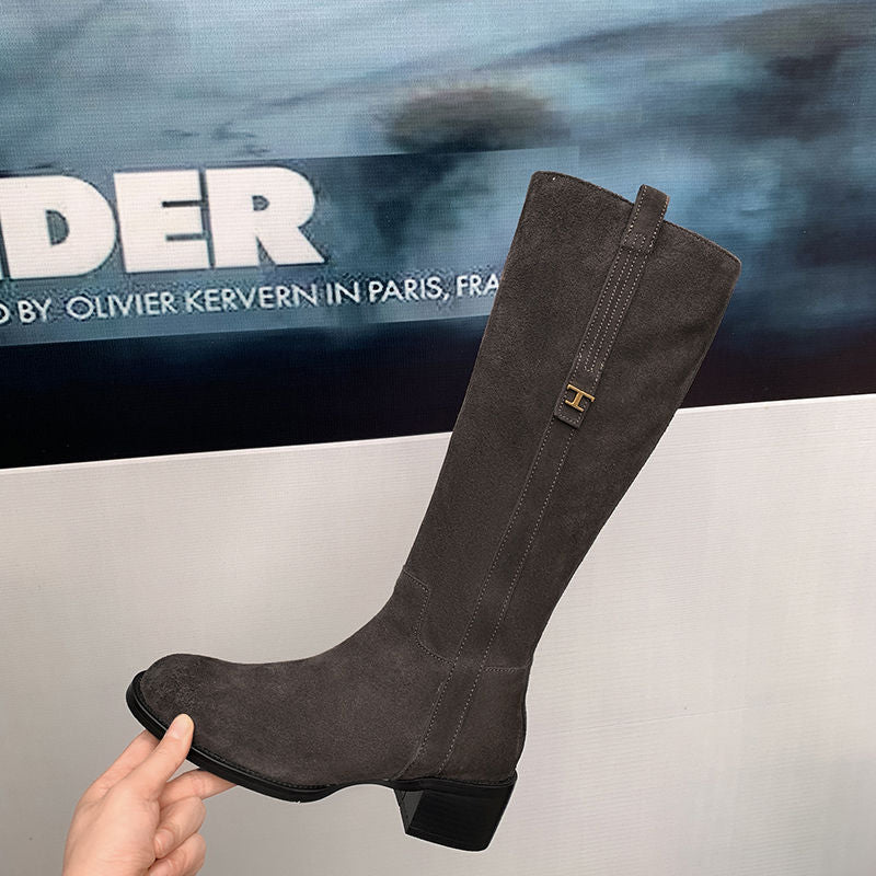 Karin Luna In Stock Spot Goods Basic Retro Square Toe Chunky Heel Riding Boots