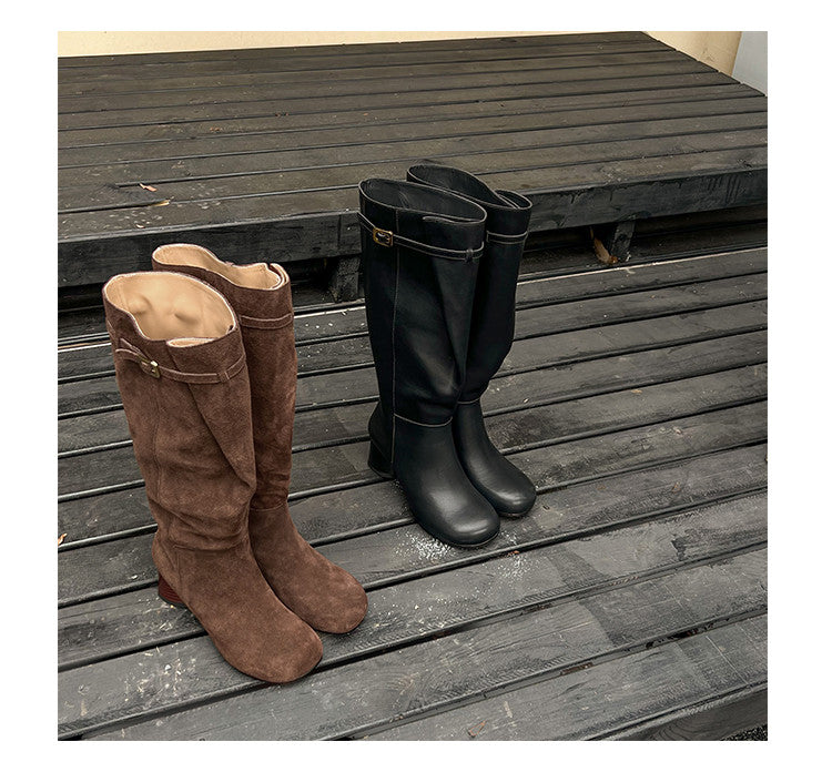 Karin Luna In Stock In Stock Mango Head Large Tube Belt Buckle Chunky Heel Long Boots