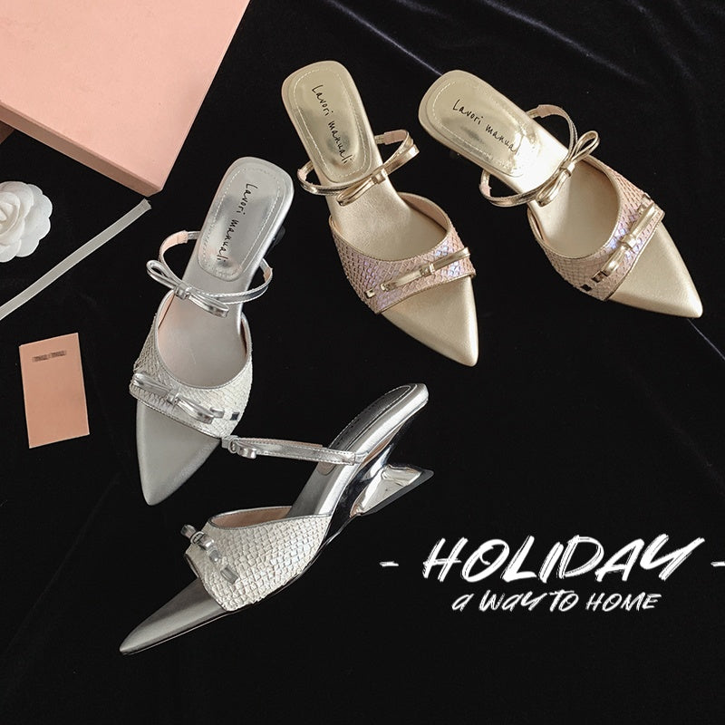 Karin Luna Fish Skin Series~Pointed Toe Irregular Heel Bowknot Strap Slippers