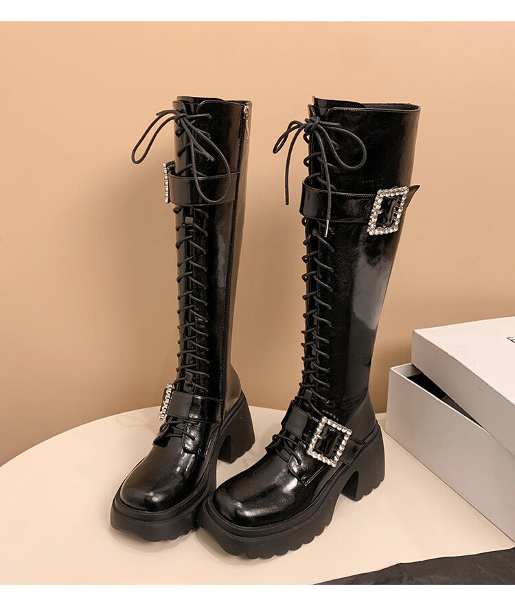 Karin Luna In Stock Spot Goods Bestselling Extended Version Rhinestone Square Buckle Thick Sole Lace-up Thick Sole Full Cowhide Knight Boots