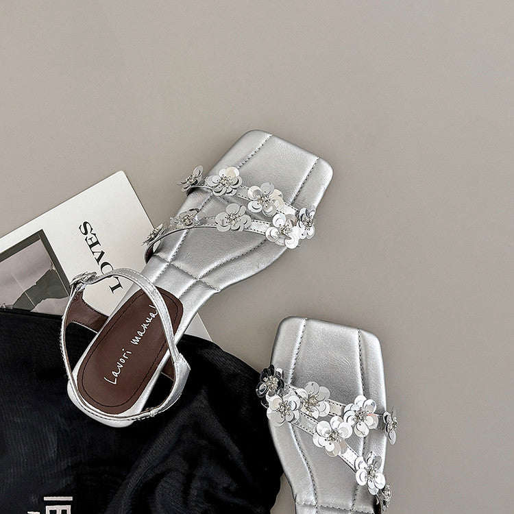 Karin Luna In Stock Spot Goods All the Best Square-Toed Sequin Flower Sandals