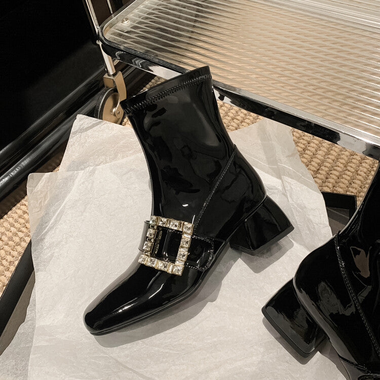 Karin Luna French Retro Square Buckle Rhinestone Chunky Heel Short Boots