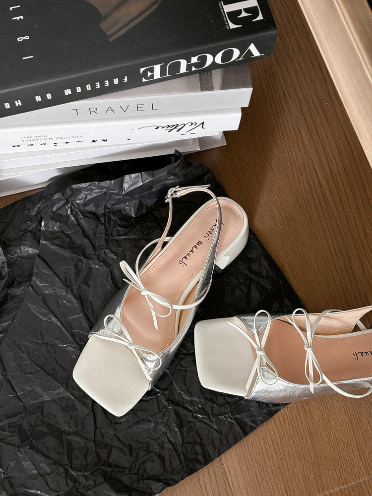Karin Luna In Stock Spot Goods Square Toe Double Bow Thick Heel Sandals