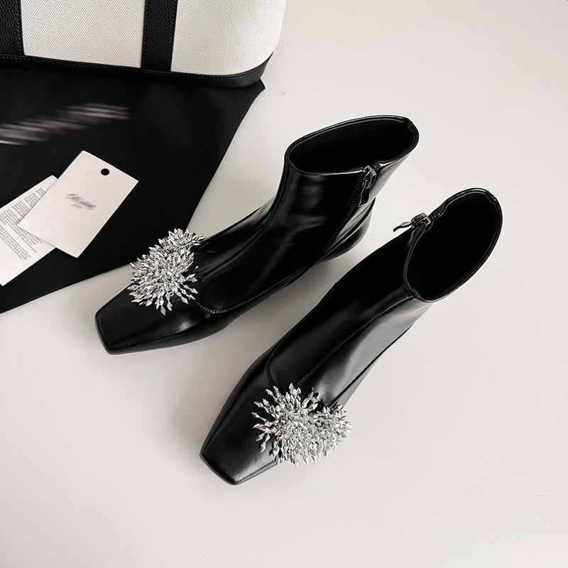Karin Luna Elegant Style Square Toe Flower Design Height Increasing Short Boots with Two Front and Back Options