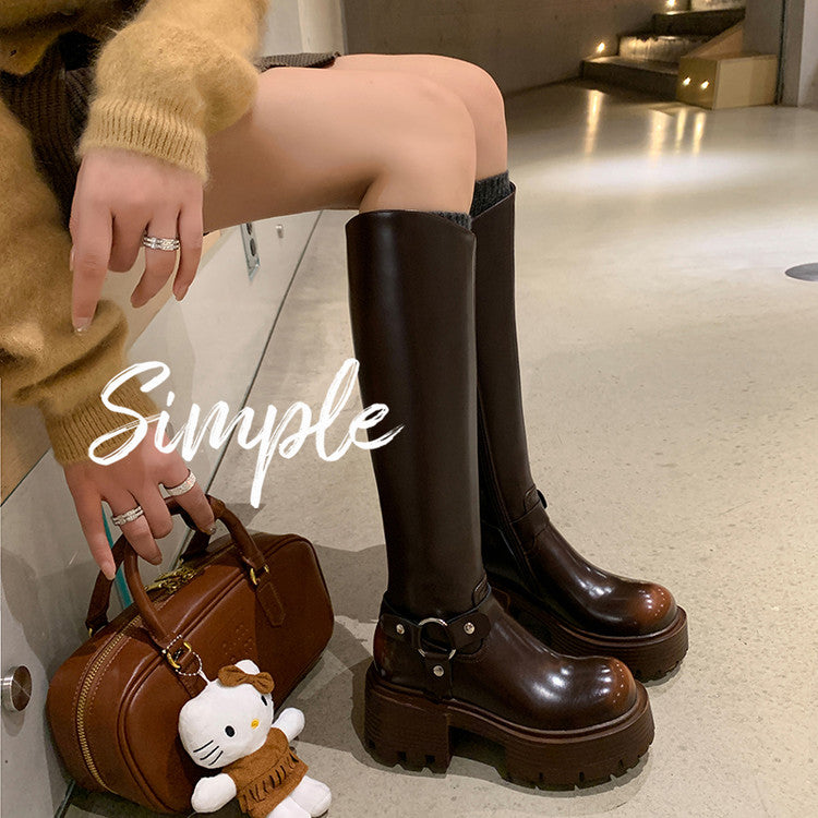 Karin Luna In Stock Spot Goods Round Toe Thick Sole Belt Buckle Straight Long Boots