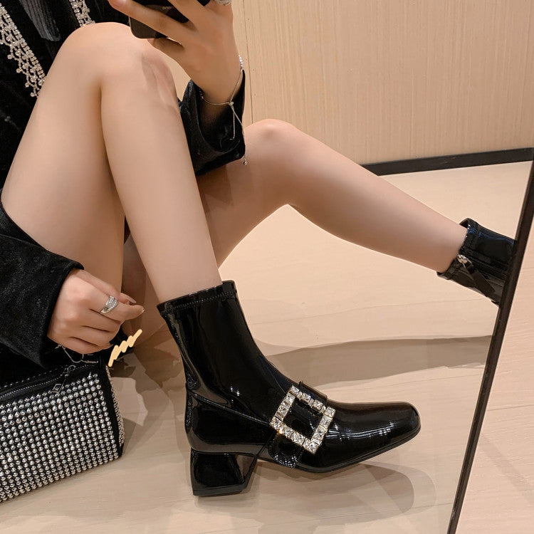Karin Luna Elegant Style Ultra Slimming Rhinestone Chunky Heel British Style Riding Boots Long Boots