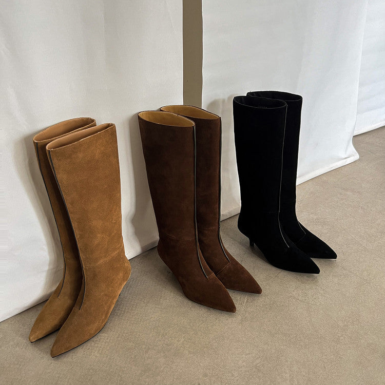 Karin Luna In Stock Spot Goods Retro Cowhide Pointed Toe Stiletto Elegant Long Boots