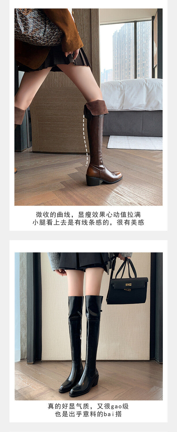 Karin Luna exploded  Three versions exploded Single Fleece Lining Fur Collar Version  Thick Fur Collar Foldable Hot-Selling Full Cowhide Pointed Toe Chunky Heel Classic Style