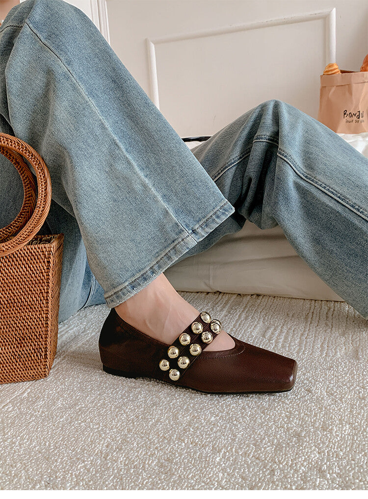Karin Luna In Stock Spot Goods  Pig Nose Metal Strap Super Soft Granny Full Leather Mary Jane Shoes
