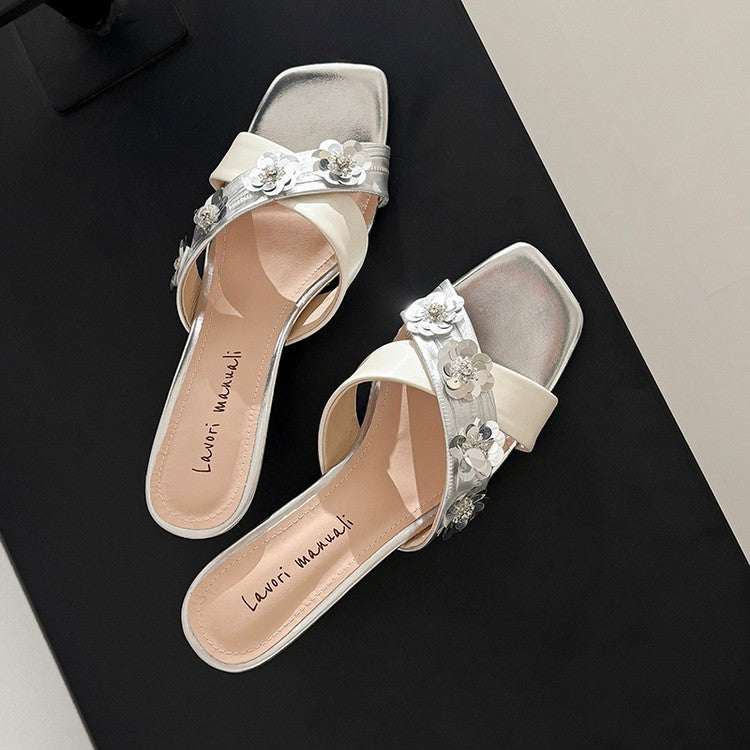 Karin Luna In Stock Spot Goods  Sequin Floral Cross Strap Square Toe Stiletto Slippers