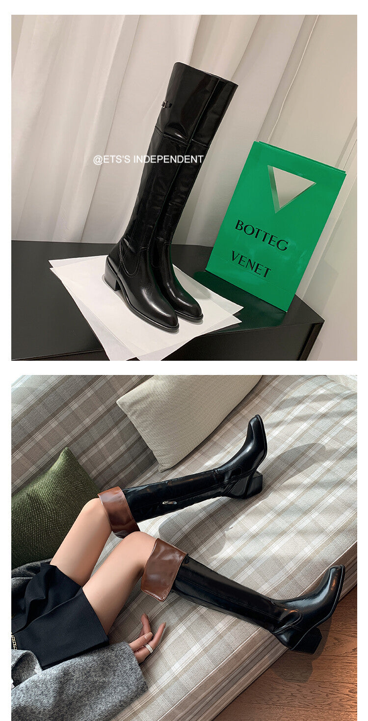 Karin Luna exploded  Three versions exploded Single Fleece Lining Fur Collar Version  Thick Fur Collar Foldable Hot-Selling Full Cowhide Pointed Toe Chunky Heel Classic Style
