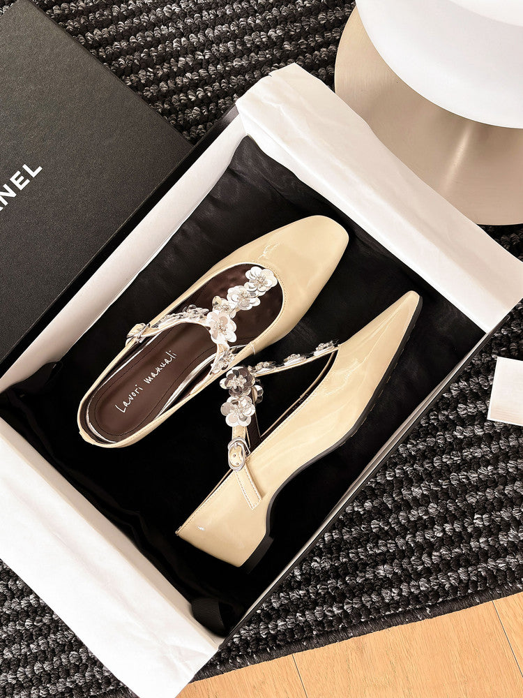 Karin Luna In Stock Spot Goods  T Handmade Sequin Flower Square Toe Height-Increasing Closed-Toe Slippers
