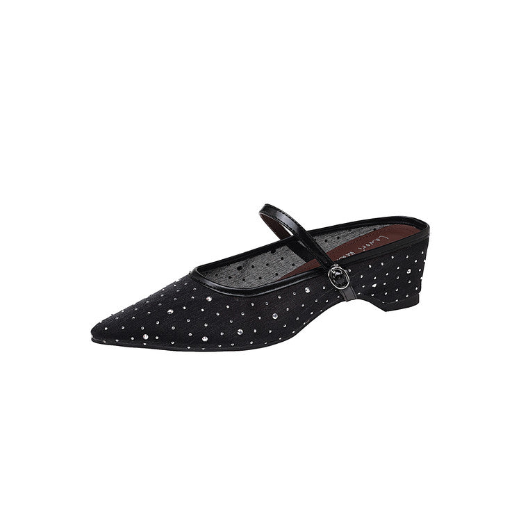 Karin Luna In Stock Spot Goods  Breathable Mesh Fabric Embellished Hand Drill Pointed Toe Slippers