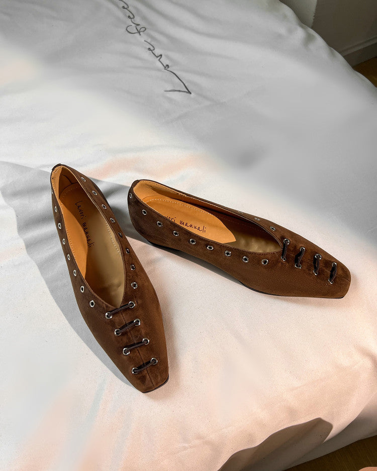 Karin Luna In Stock Spot Goods    Old Money Style Square Toe Suede Flats