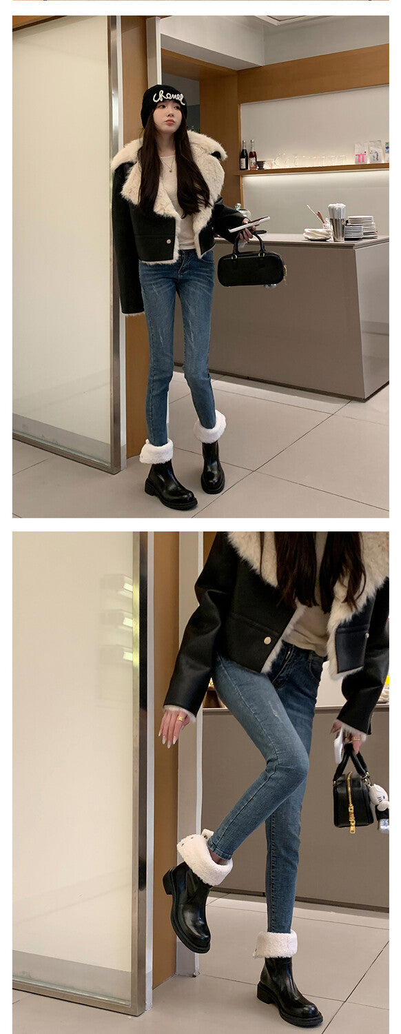 Karin Luna Classic Basic Style   Convertible Foldable Hidden Buckle Snow Fur Shoes Full cowhide Basic Flat Short Boots