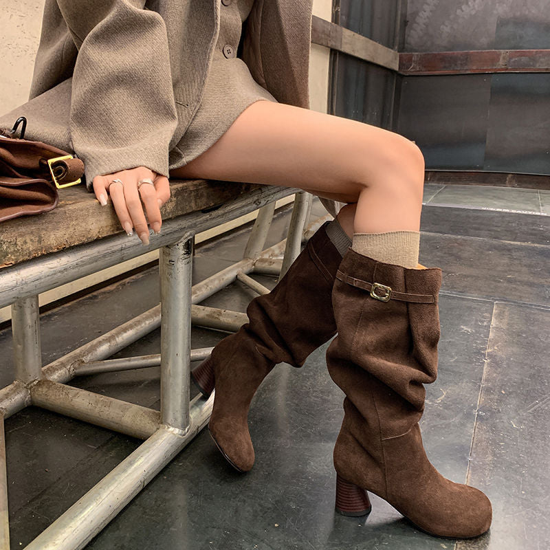 Karin Luna In Stock In Stock Mango Head Large Tube Belt Buckle Chunky Heel Long Boots