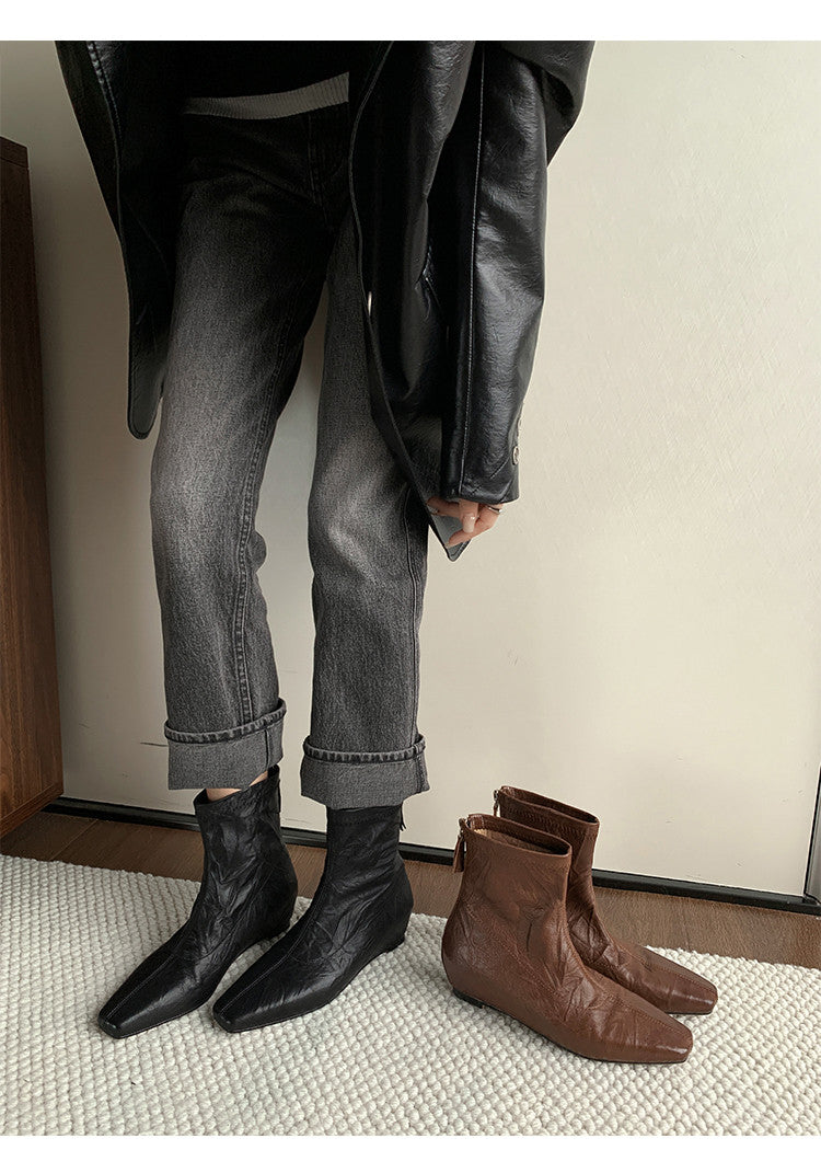 Karin Luna In Stock Spot Goods Slim Series  Hidden Wedge Small Square Toe Back Zipper Short Boots